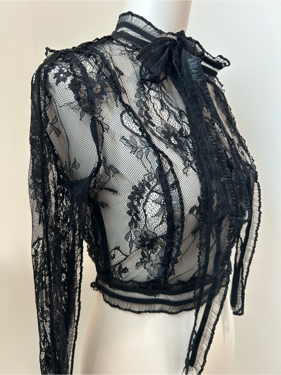 Beulah Tops - Beulah Black Sheer Lace Tie-Neck Blouse